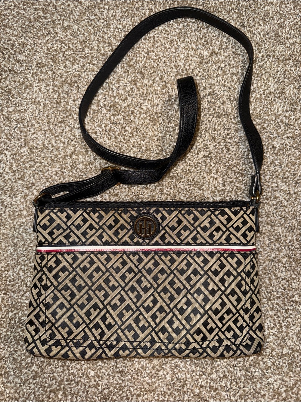 Tommy Hilfiger Black & Tan Signature Crossbody with Red & White Stripe